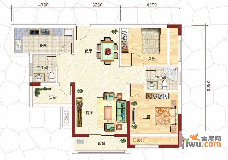 紫御公馆2室2厅2卫104.6㎡户型图