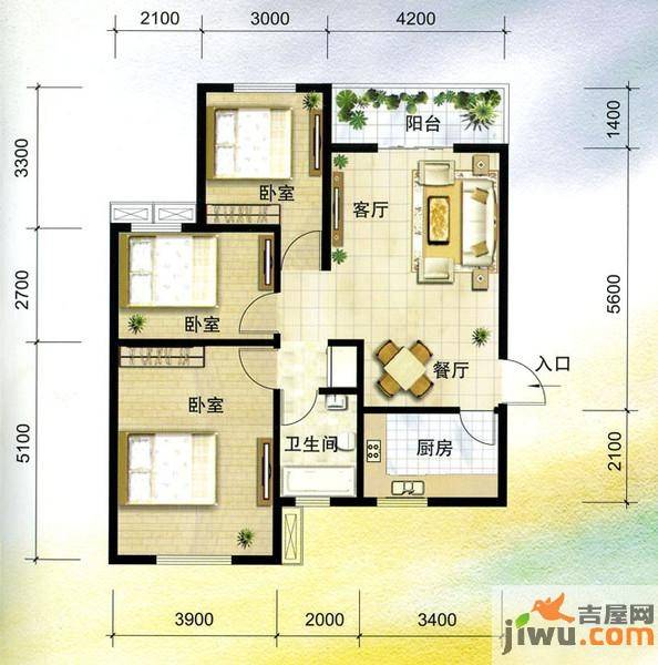 锦湖金利花园3室2厅1卫103㎡户型图