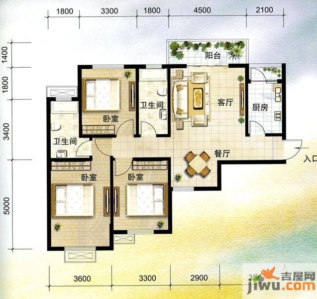 锦湖金利花园3室2厅2卫127.8㎡户型图