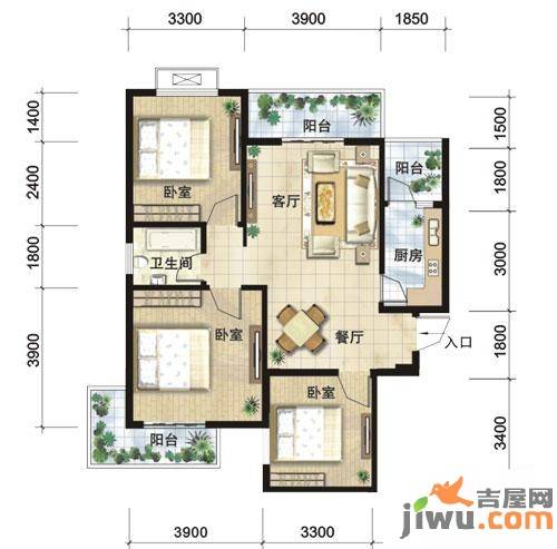 锦湖金利花园3室2厅1卫102.5㎡户型图