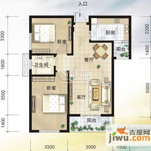 锦湖金利花园2室2厅1卫89.9㎡户型图