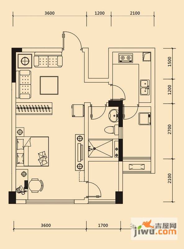 博海光谷麒麟社1室1厅1卫56.9㎡户型图