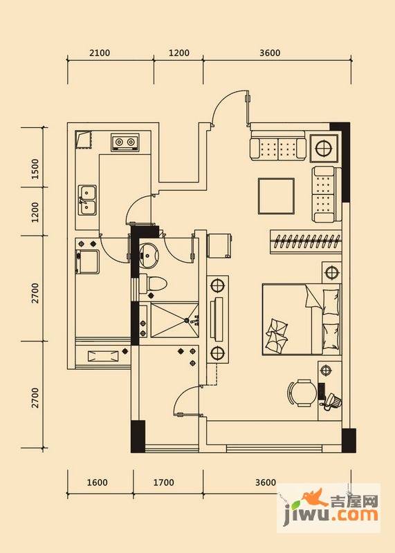 博海光谷麒麟社1室1厅1卫58.4㎡户型图