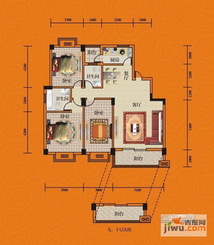 城市之光3室1厅2卫138.5㎡户型图