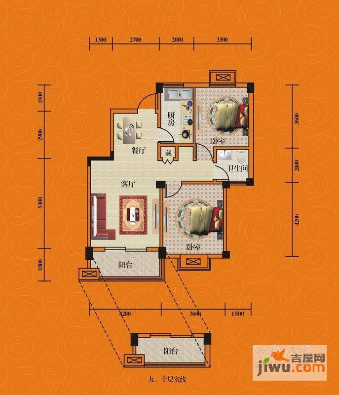 城市之光2室1厅1卫92.3㎡户型图