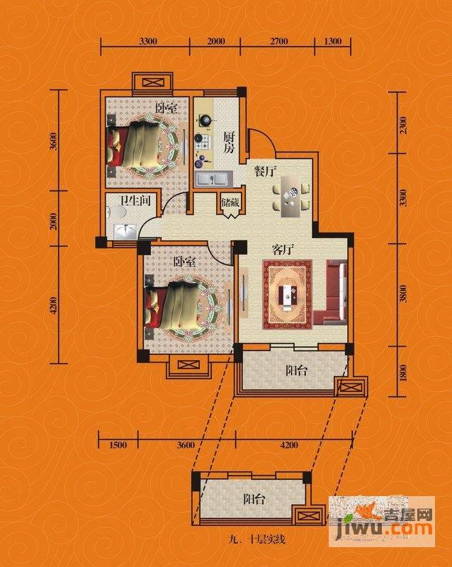 城市之光2室1厅1卫88.3㎡户型图