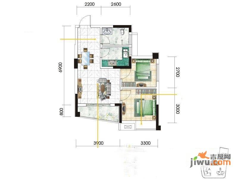 九坤秦南都汇2室2厅1卫66.5㎡户型图