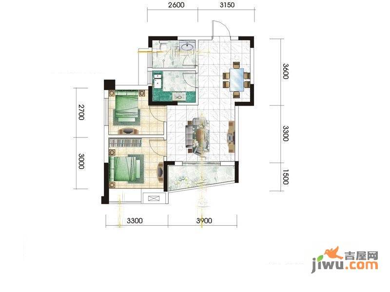 九坤秦南都汇2室2厅1卫70.5㎡户型图