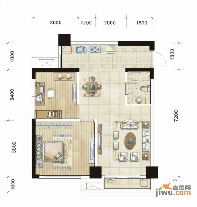 福星惠誉青城华府2室2厅1卫91.2㎡户型图