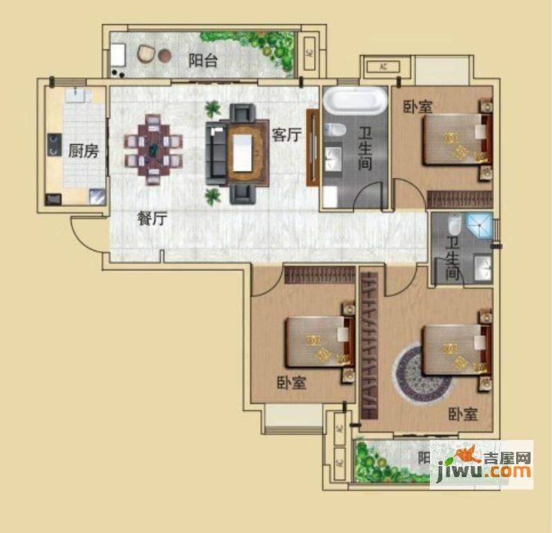 珞南雅居3室1厅2卫128㎡户型图