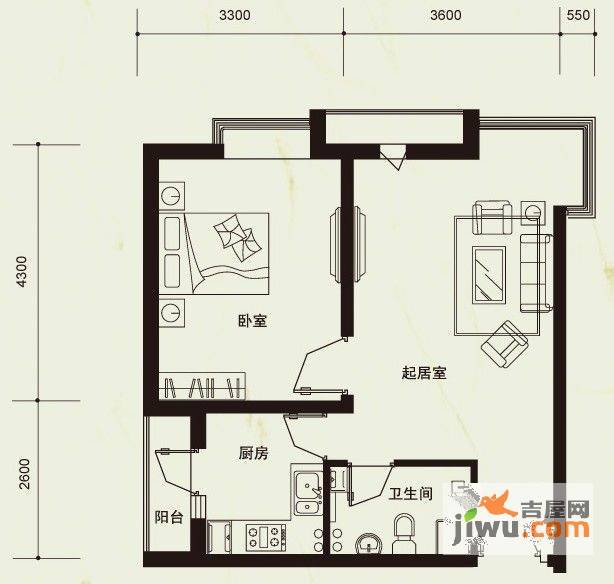 河畔馨居1室1厅1卫63.9㎡户型图