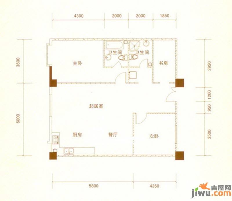 官邸3号3室2厅2卫129.5㎡户型图