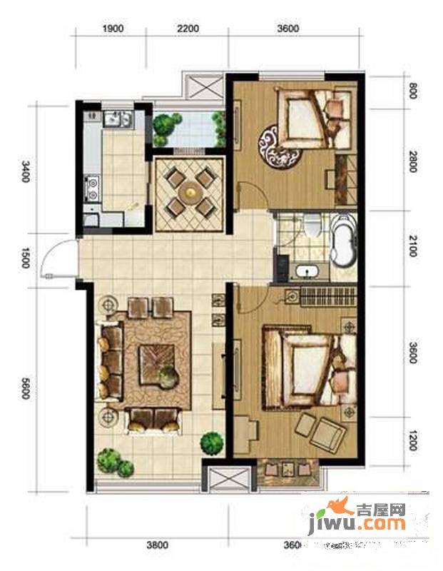 融创奥城领峰2室2厅1卫93.6㎡户型图