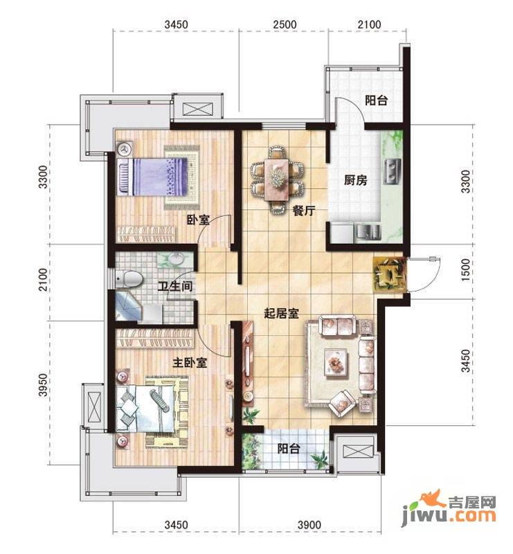 天房郦城2室2厅1卫95㎡户型图