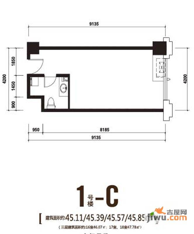 联东U谷总部大观青年公社1室1厅1卫45.1㎡户型图