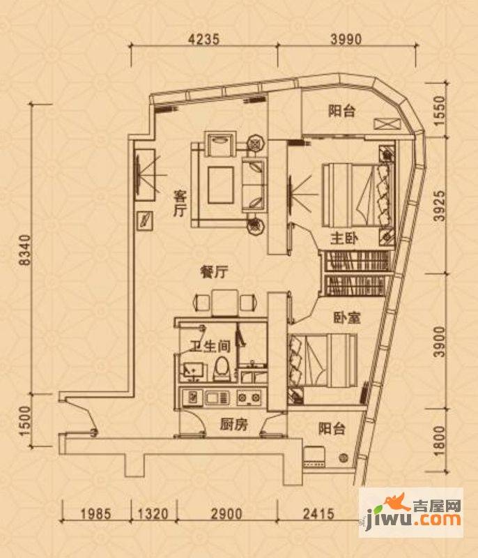 望海国际精品公寓2室2厅1卫106㎡户型图