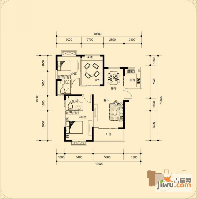 蓝湖海韵2室2厅2卫87.9㎡户型图