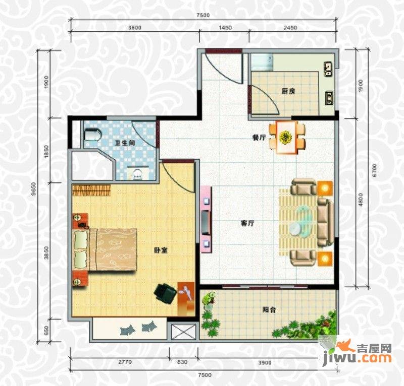 天龙佳园1室2厅1卫58.9㎡户型图