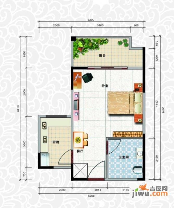 天龙佳园1室1厅1卫44.4㎡户型图