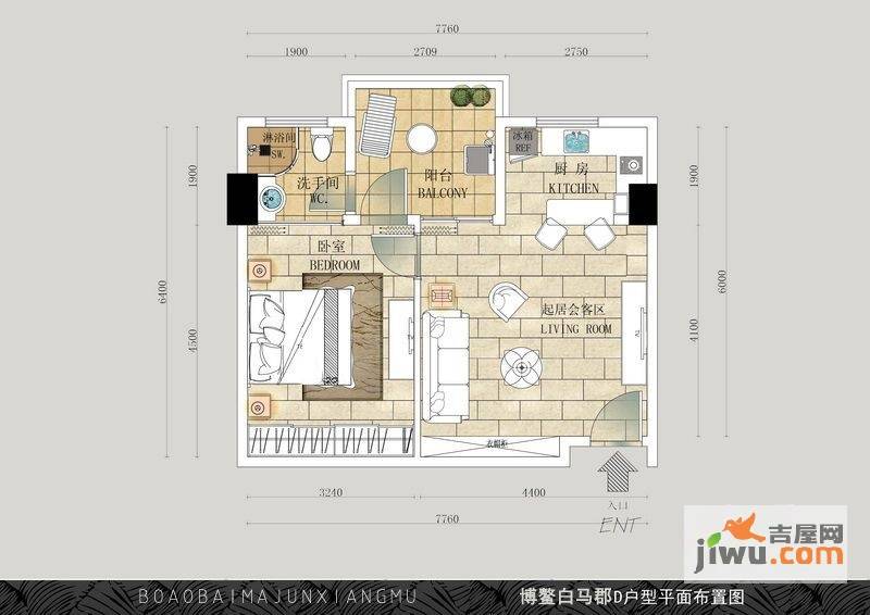 博鳌白马郡1室1厅1卫64.3㎡户型图