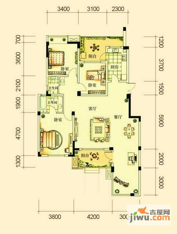 金地国际城2期阳光里3室2厅2卫135.3㎡户型图