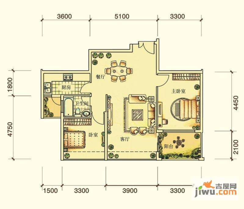 金地国际城2期阳光里2室2厅1卫90㎡户型图