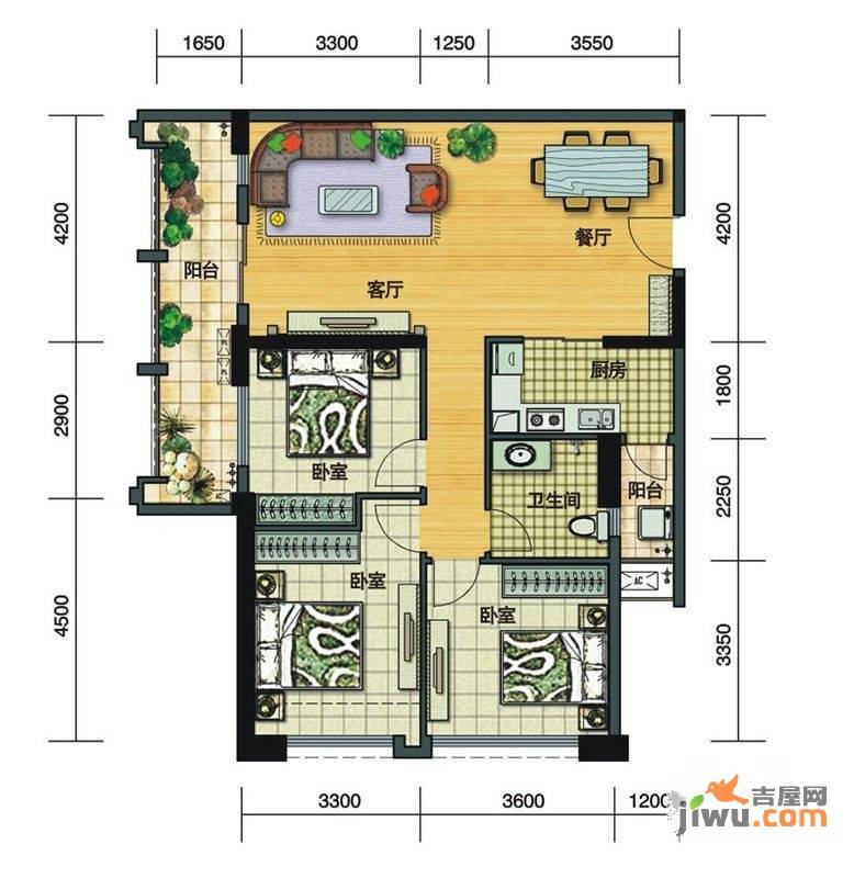 金地俊园3室2厅1卫121.4㎡户型图