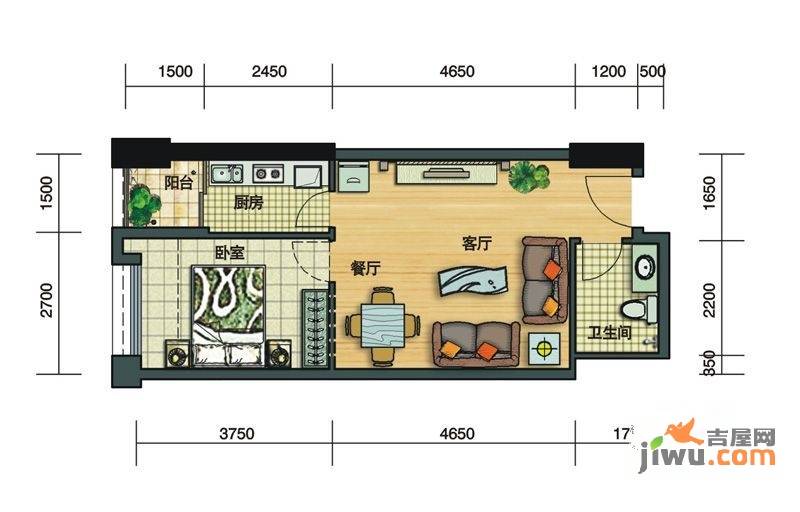 金地俊园1室2厅1卫50.3㎡户型图