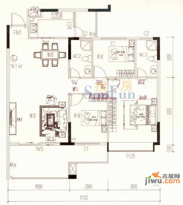 新天美地花园3室2厅2卫118.9㎡户型图