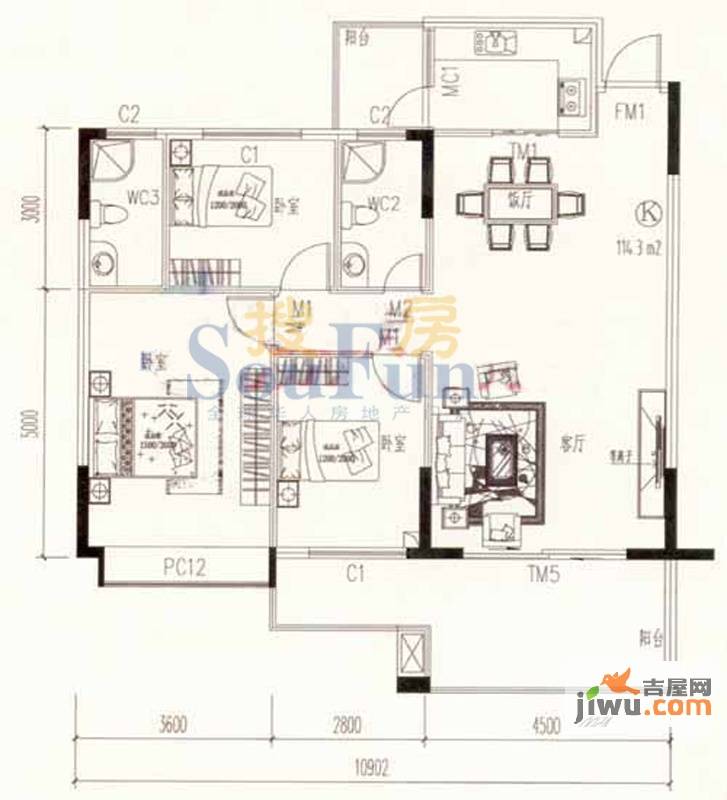 新天美地花园3室2厅2卫116㎡户型图