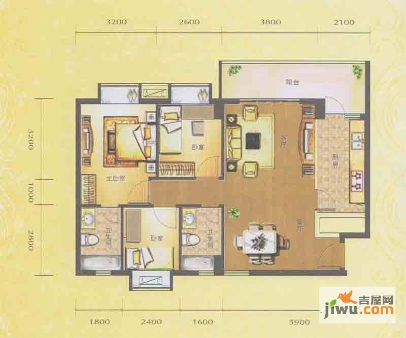 水木箐华3室2厅2卫92.1㎡户型图