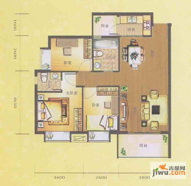 水木箐华3室2厅2卫90.3㎡户型图