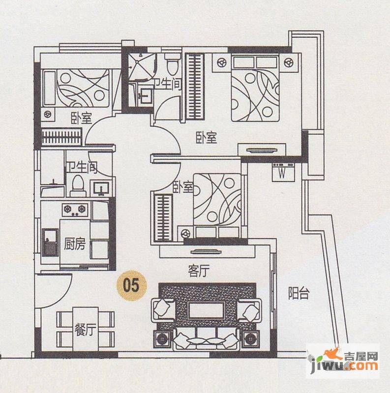 中粮万科金域蓝湾3室2厅2卫96㎡户型图