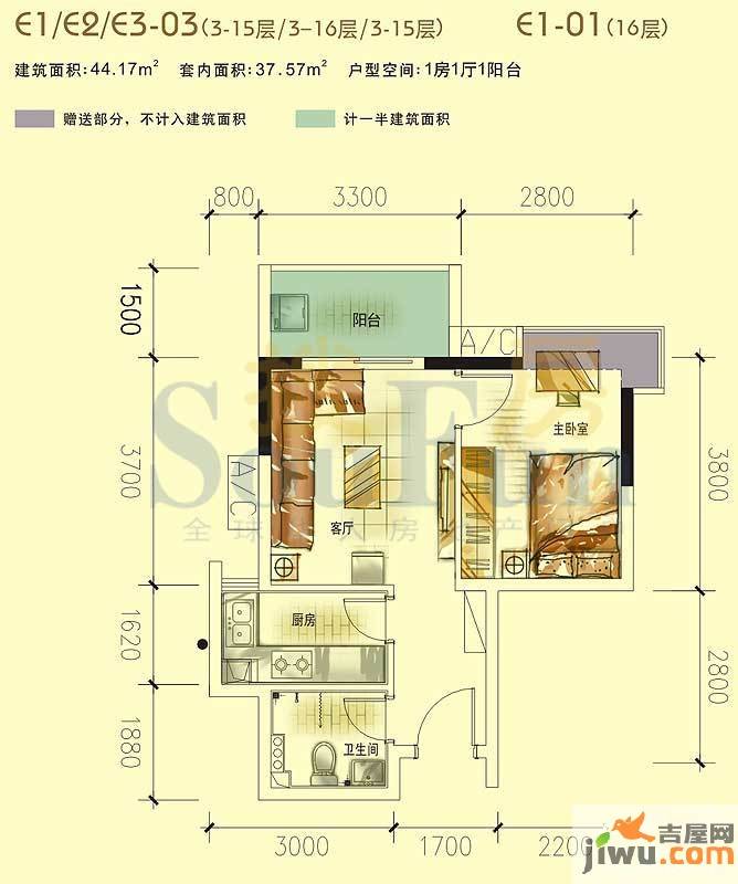 翰林二期8090HOUSE1室1厅1卫44.2㎡户型图