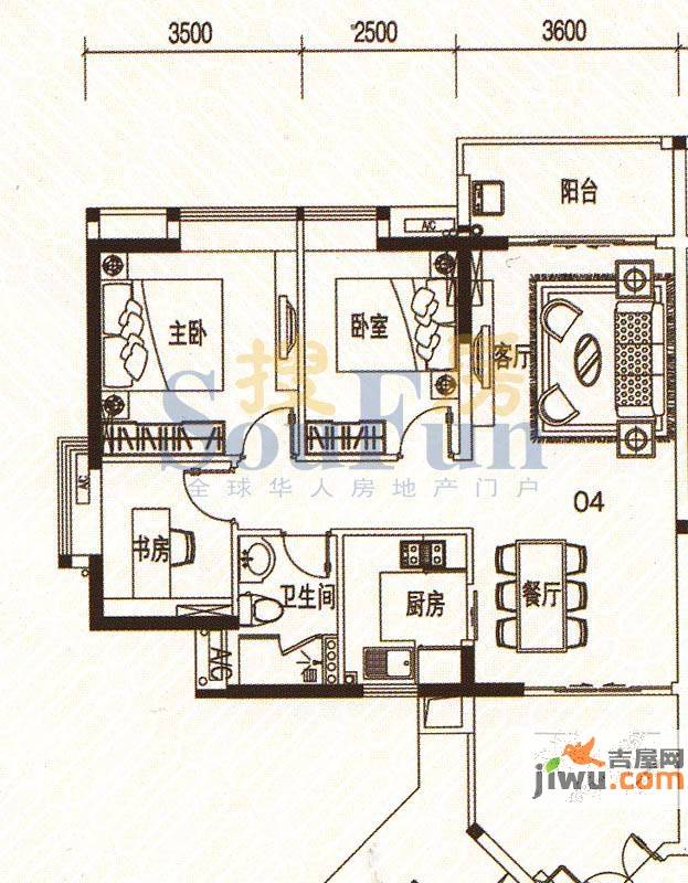 君华香柏广场3室2厅1卫91.7㎡户型图