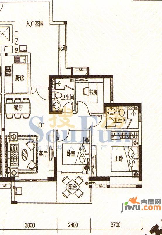 君华香柏广场3室2厅2卫103.2㎡户型图