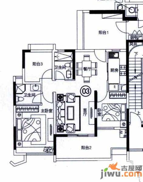 中粮万科金域蓝湾2室2厅2卫100㎡户型图