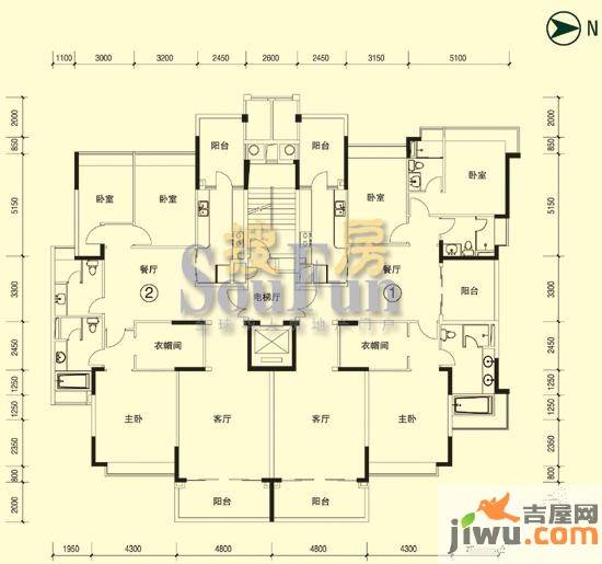 恒大绿洲3室2厅2卫144㎡户型图