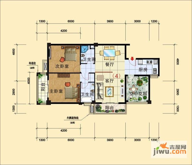 西广场12号2室2厅2卫106.8㎡户型图