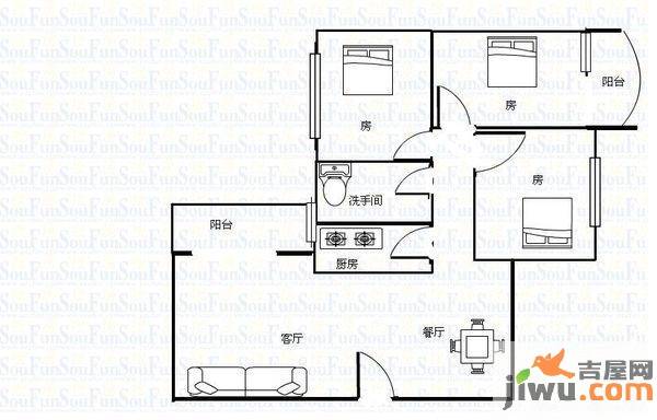 江南美景花园二期3室2厅1卫户型图