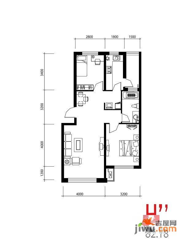 西城逸景2室2厅1卫86.4㎡户型图