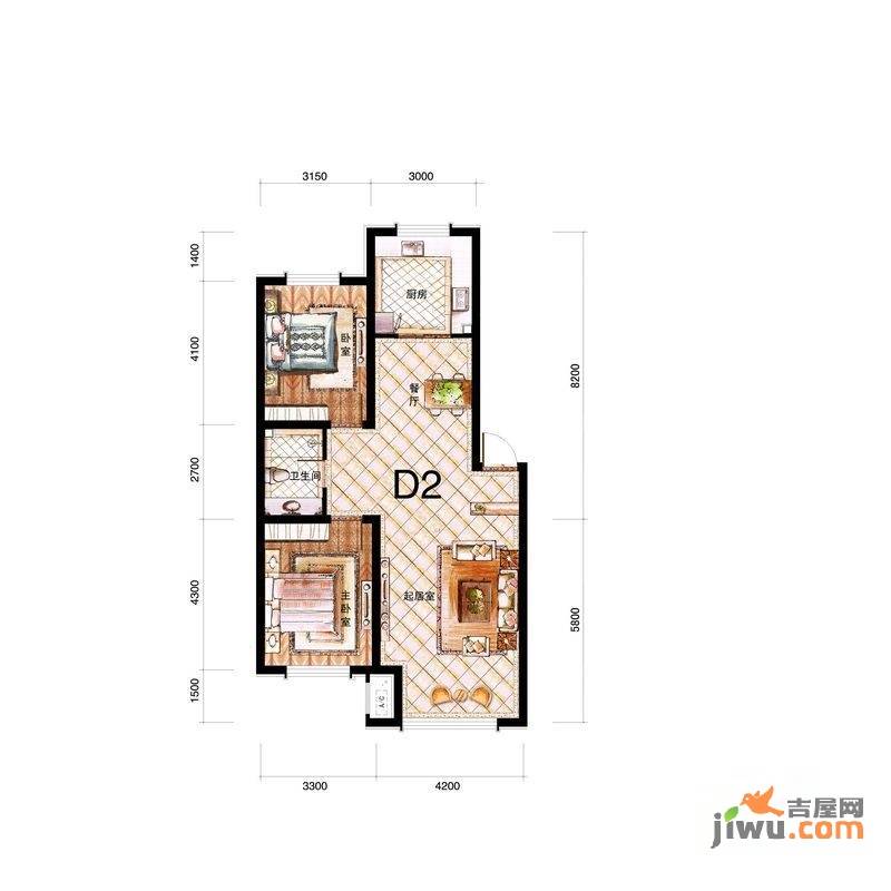 鑫丰雍景豪城2室2厅1卫96.9㎡户型图