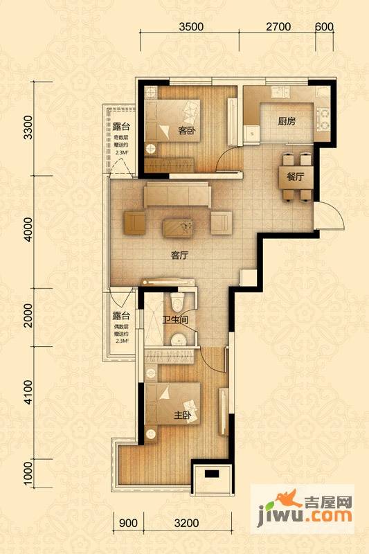 名门国际2室2厅1卫88.3㎡户型图