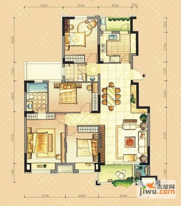 华强城j1户型四室两厅两卫137.55㎡4室2厅2卫1厨