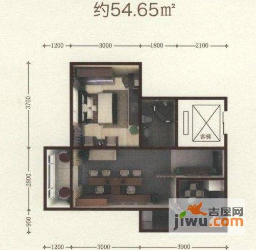 富润阳光1室2厅1卫54.6㎡户型图