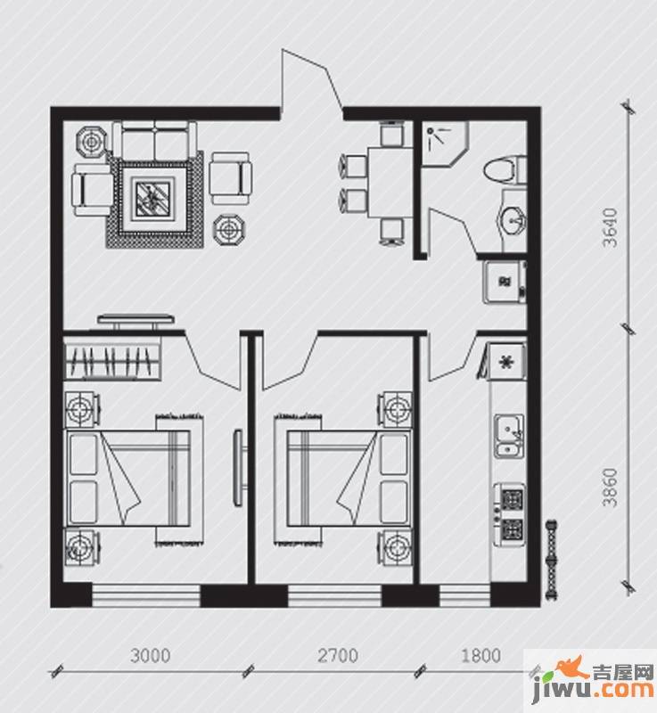 廊桥国际2室1厅1卫69.6㎡户型图