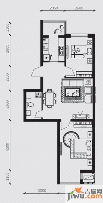 廊桥国际2室1厅1卫70.3㎡户型图