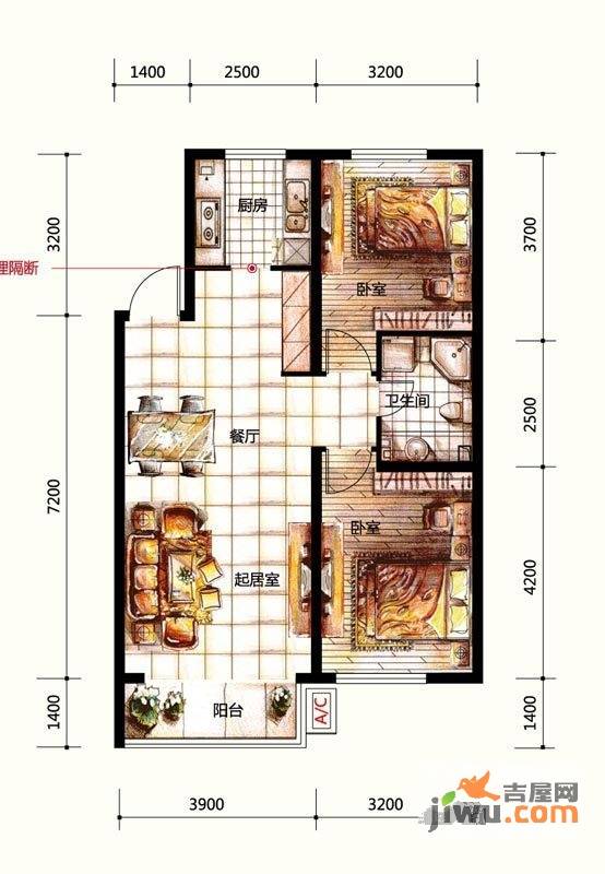 苏堤春晓2室2厅1卫96㎡户型图