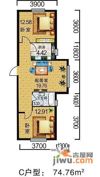 地旺国际2室1厅1卫74.8㎡户型图