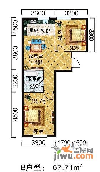 地旺国际2室1厅1卫67.7㎡户型图